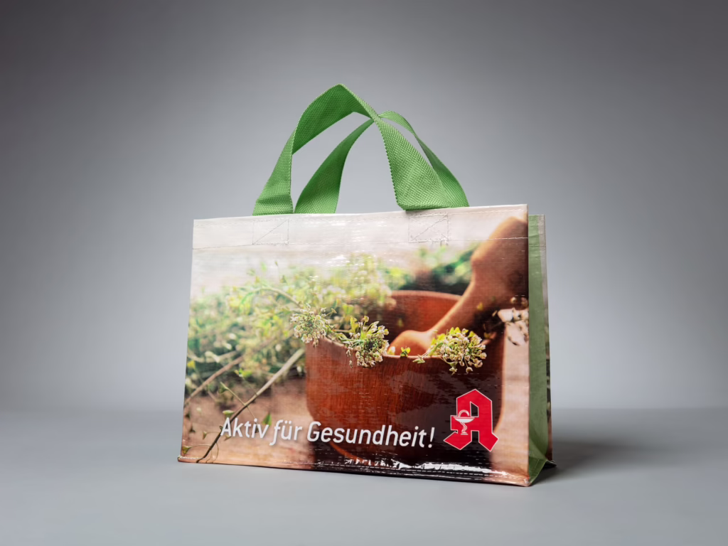 Fotobedruckte laminierte PP-Woven-Tragetasche für Apotheken – bedruckt von Paolo Sandro