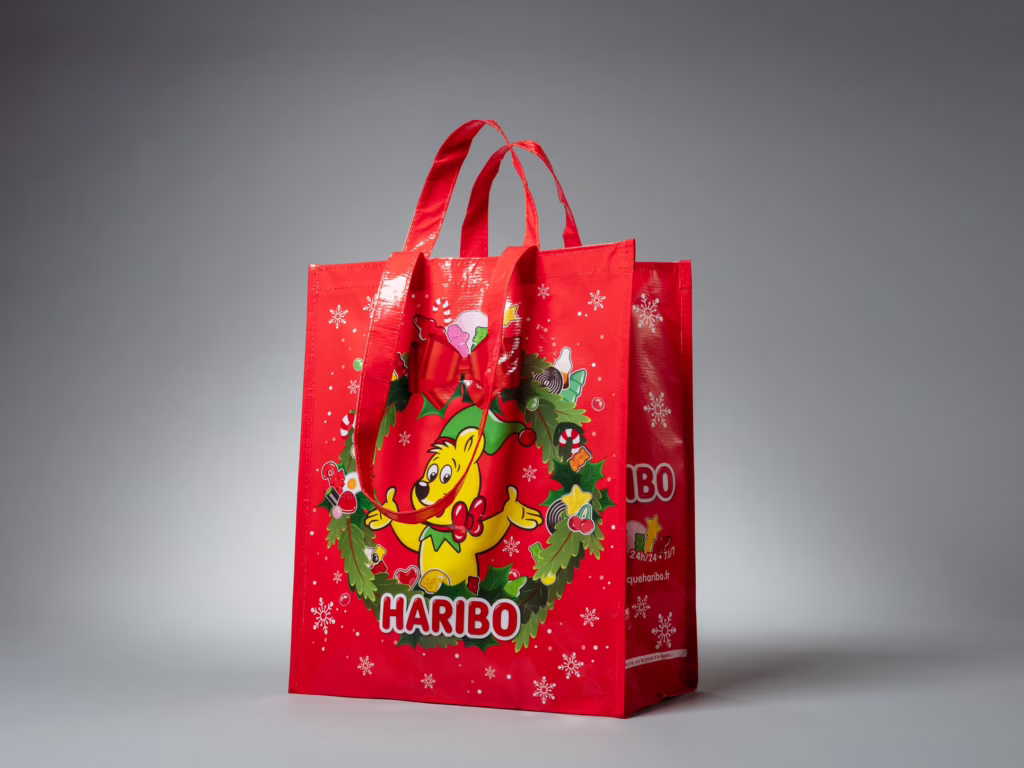 Sacchetto di plastica in tessuto R-PET laminato rosso con motivo natalizio per Haribo – stampato da Paolo Sandro