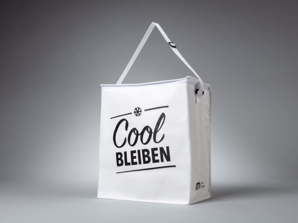 Weiße Isoliertragetasche mit Aufdruck „Cool bleiben“ – hergestellt von Paolo Sandro